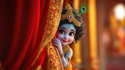 A highly detailed digital painting of child Lord Krishna peeking playfully from behind an ornate red and gold curtain. 