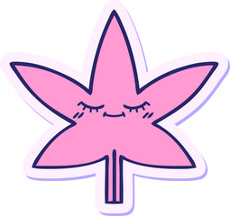 sticker of a cute cartoon marijuana leaf in bright neon color