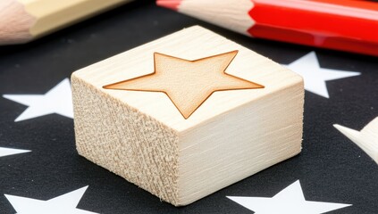 Close-up of a light-tan wooden cube with a star cutout, resting on a black surface patterned with white stars