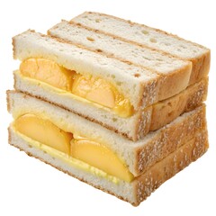 Two delicious sandwiches with yellow filling and white bread stacked on top of each other isolated on white background isolated on transparent background