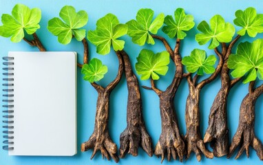 Small trees, blank notebook on blue
