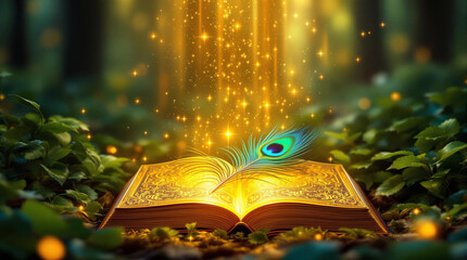 A magical, glowing ancient gita book with ornate golden cover designs placed on a forest floor, surrounded by lush green foliage. 