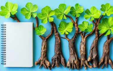 Small, stylized trees with bright leaves and a notebook