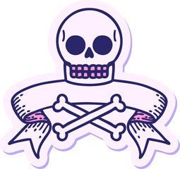 tattoo style sticker with banner of a skull in bright neon color