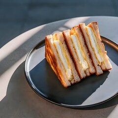 Deliciously toasted sandwich with creamy filling served on a dark plate with dramatic lighting isolated on white background isolated on transparent background