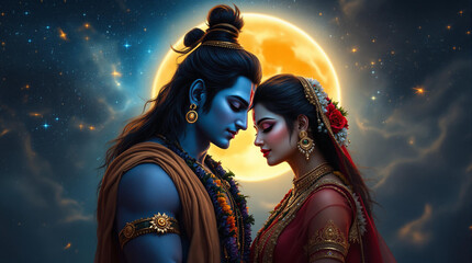 A divine and romantic depiction of Lord Shiva and Goddess Parvati in an ethereal setting. 