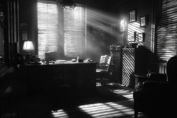 Dramatic Sunlight Through Blinds in Vintage Film Noir Office.