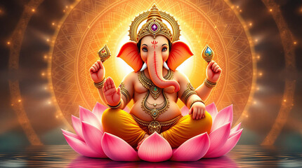 A highly detailed digital illustration of Lord Ganesha sitting on a pink lotus flower. He has an elephant head with a serene expression, 