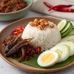Delicious Nasi Lemak Malaysian Coconut Rice with Aromatic Sambal, Peanuts, and Cucumber