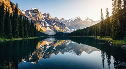 Obraz premium Serene mountain lake reflects the scenic sky and surrounding green forest, capturing nature's perfect harmony
