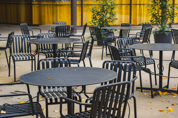 Empty modern european cafe terrace with fallen yellow leaves on the ground