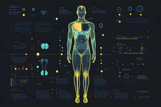 Anatomical illustration of the human body with detailed organ systems, highlighting various functions and structures, showcasing vibrant colors and informative graphics for educational purposes - Powered by Adobe