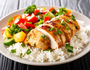 Grilled chicken breast with rice and vegetables
