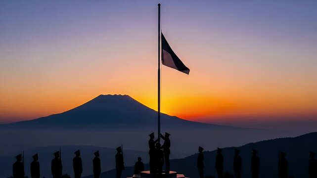 Silhouetted military raising flag at sunrise over mountains sunrise ceremony military personnel mountain range tradition indonesia