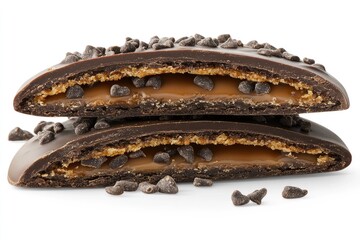 Two halves of a chocolate-covered cookie sandwich, filled with caramel and chocolate chips, stacked on a white background