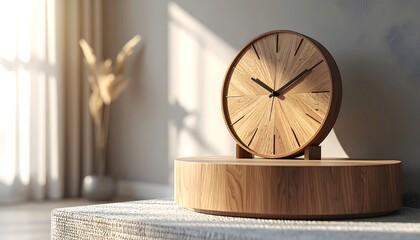 Wooden Clock on Round Table in Sunlit Room Interior