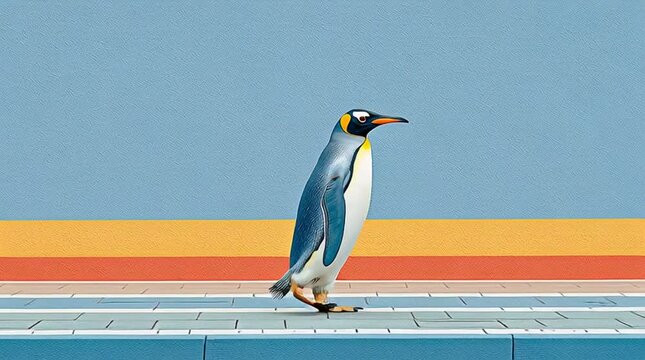 penguin walking colorful background, minimal penguin tile scene, surreal penguin pastel wall Penguin strolling on a colorful tiled surface.