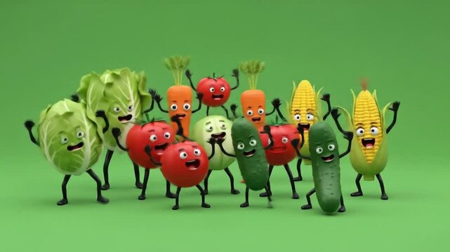 Animated vegetable characters dancing on green background