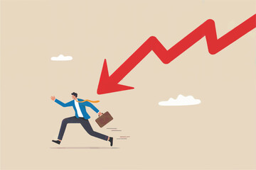 Fototapeta premium Businessman running away from a sharp red downward trending graph arrow indicating financial loss or economic recession isolated on transparent background
