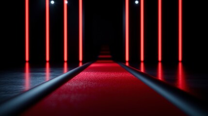 Red carpet runway with bright lights and audience in a defocused background perfect for fashion or event scenes. Glamorous catwalk imagery a vibrant stage soft focus spectators ideal