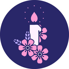 iconic tattoo style image of a candle and flowers in bright neon color