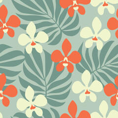 Vibrant tropical foliage and exotic flowers seamless pattern design isolated on white background.