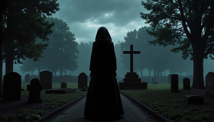 Woman in black cloak standing in graveyard surrounded by tombstones  