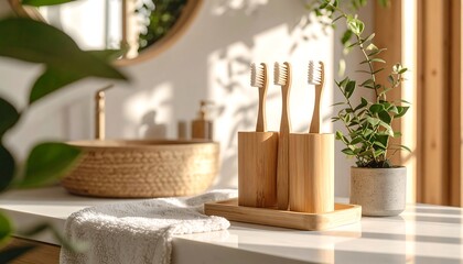 Wooden Toothbrushes in Bathroom with Sink and Plant