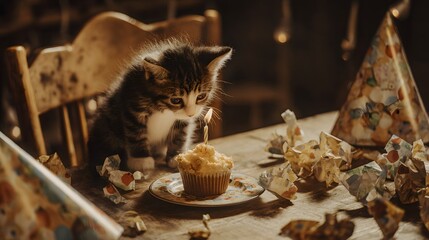 Obraz premium Kitten on Chair Sniffing Birthday Cupcake