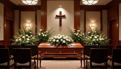 Funeral setting with wooden casket and floral arrangements in chapel  