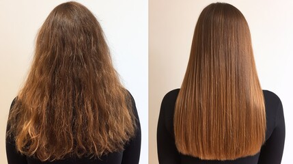 Before and after comparison of keratin hair treatment showing damaged and healthy strands