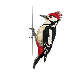 Detailed illustration of a Great Spotted Woodpecker perched on a vertical surface.