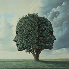 Two faces merge into a tree, split by nature