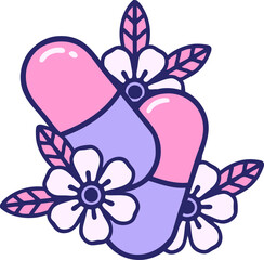 iconic tattoo style image of pills and flowers in bright neon color