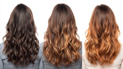 Rear view of woman with wavy haircut in multiple hair colors against white background