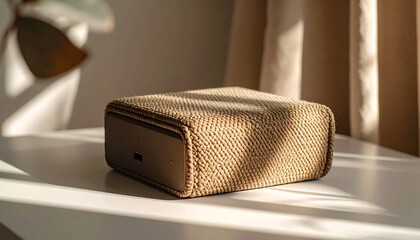 Woven Covered Electronic Device on Table in Sunlight