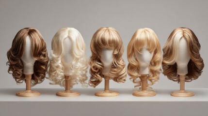 Collection of synthetic women’s wigs displayed on mannequin heads in a well-lit salon setting"