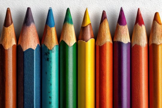 Multicolored pencils neatly arranged in a row with sharp tips