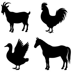 Silhouettes of farm animals goat rooster duck horse