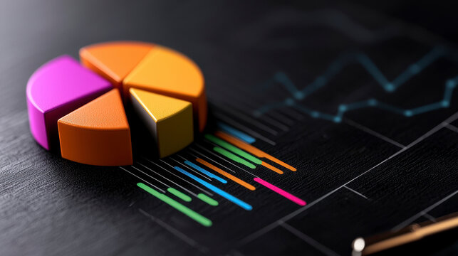 Colorful pie chart on financial report illustrating data analysis and visual representation of statistical information. A vibrant circular graph showcasing financial data offering a clear