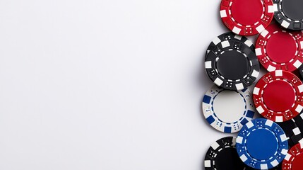 Colorful casino chips scattered on a white isolated background. Vibrant gambling tokens arranged on pristine surface a captivating image showcasing diverse hues and textures ideal