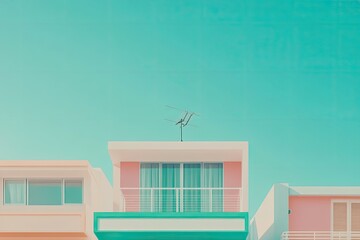Pastel-toned apartment buildings under a vibrant sky
