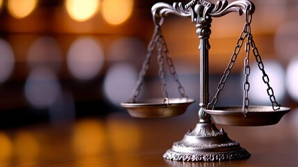 Close up of an ornate balance scale against a blurred background symbolizing justice and fairness in legal matters. A image depicting an elegant weighing instrument subtly out