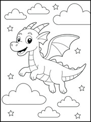 Cute Smiling Flying Dragon in the Sky Coloring Page for Kids. Black and white printable coloring sheet for children

