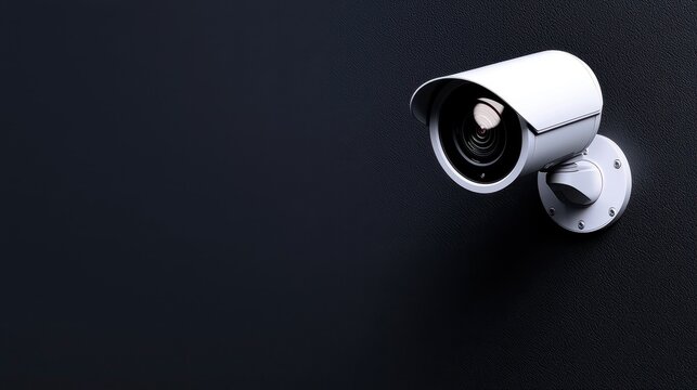 A white security camera is mounted on a wall. A pristine surveillance device affixed to a vertical surface provides constant visual monitoring.