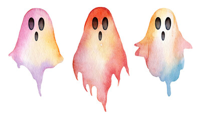 Whimsical watercolor ghosts in various pastel colors on a white background