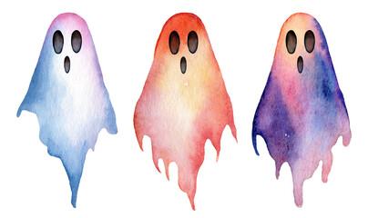 Colorful watercolor ghosts with cheerful faces in playful poses, perfect for Halloween decorations or artistic themes