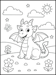 Happy Baby Dragon in Garden – Black and white  Easy Coloring Page for Kids

