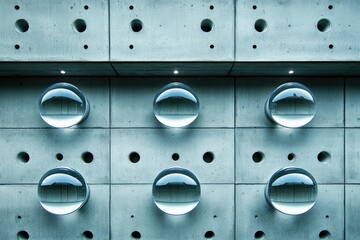Grey concrete wall with reflective orbs