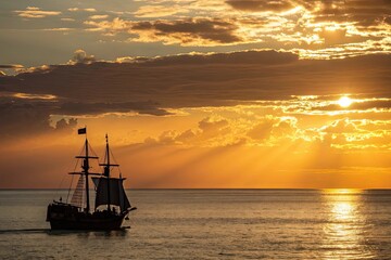 Fototapeta premium Sailing ship silhouetted against the sunset over the ocean